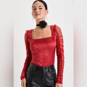 Romantic Hint Red Satin Floral Jacquard Mesh Ruched Bodysuit 🌹